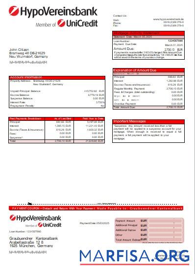 Realistic Germany HypoVereinsbank bank mortgage statement scr template